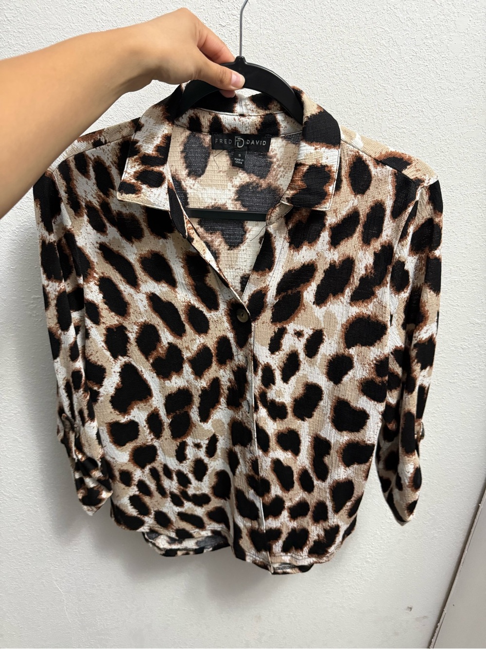 Fred David Brown and Black Leopard Print Button-Down Blouse